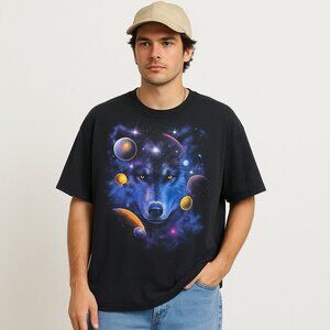Space Wolf Graphic Tee DOM Cotton Oversized Festival Streetwear Black 3XL